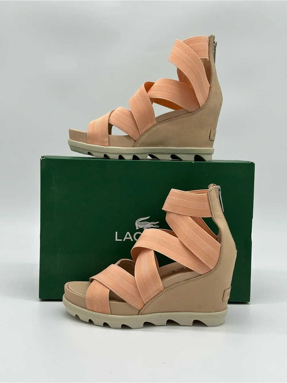 Lacoste Peach Elastic Crossover Wedge Sandals